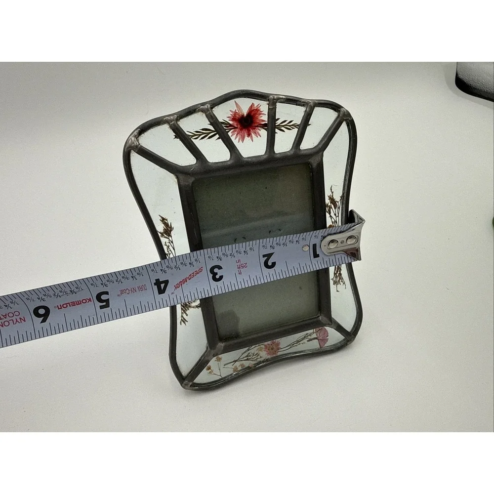 Vintage 1980s Pressed Flower Glass Frame‎ Pewter Tone Picture Frame Cottagecore